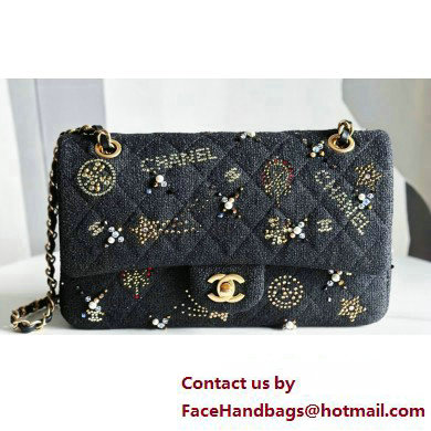 Chanel Embroidered Tweed, Strass, Glass Pearls & Gold-Tone Metal Small Classic Handbag A01113 Black 2023 - Click Image to Close